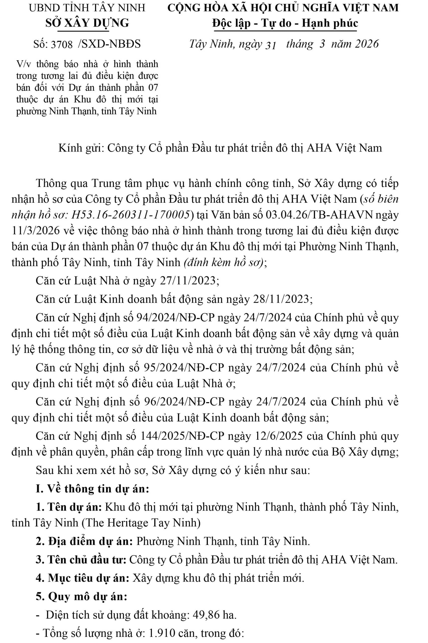 Giấy phép mở bán The Heritage